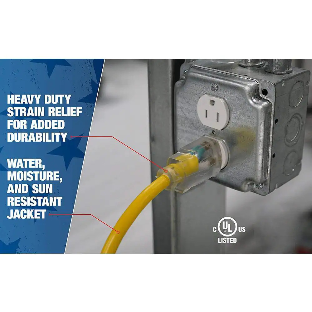 50 Ft. 12/3 SJTW Hi-Visibility Outdoor Heavy-Duty Extension Cord with Power Ligh