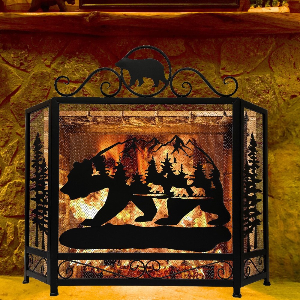 3-Panel Fireplace Screen with Bear and Mountain Scenery Design