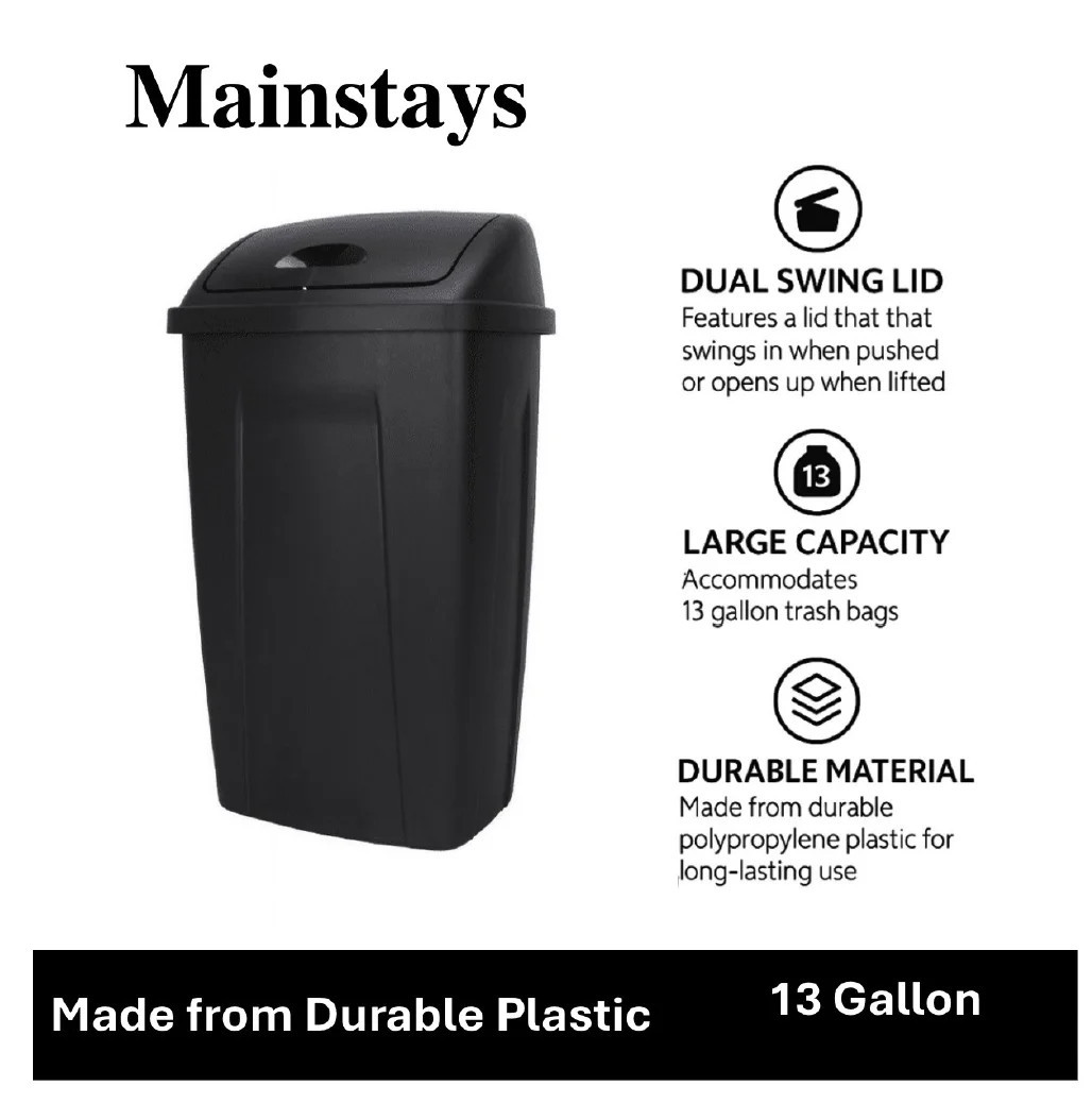 Kitchen Trash Can, 13 Gallon Plastic Garbage Bin with Swing Top Lid, Black