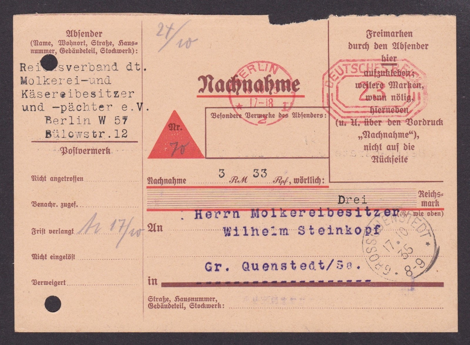 GERMANY 1935, Money order from Berlin with meter mark