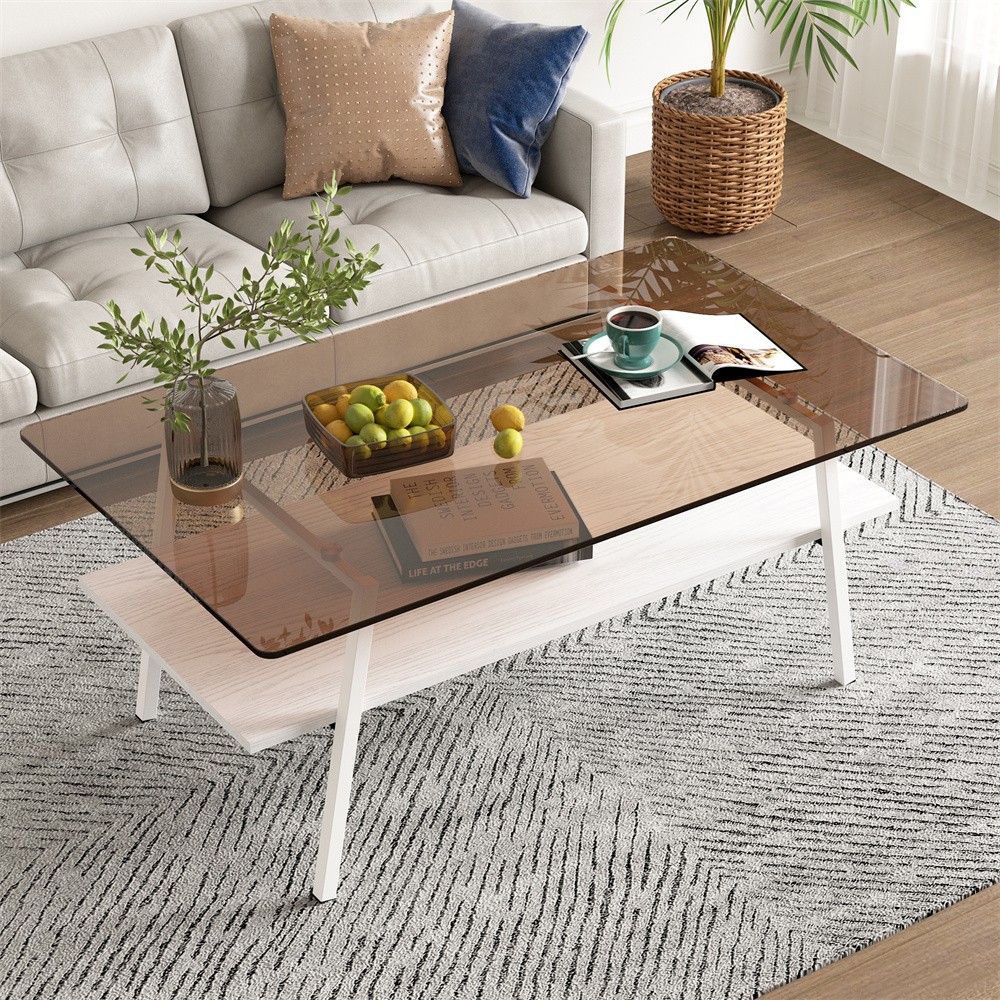Brown Tempered Glass Rectangular Coffee Table Have Storage Shelf Function