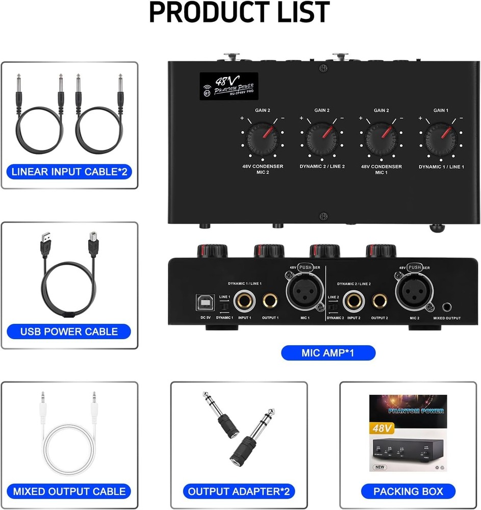Microphone Preamp Mic Booster 4 Input Max 25db DI Box with 48V Phantom Power ...