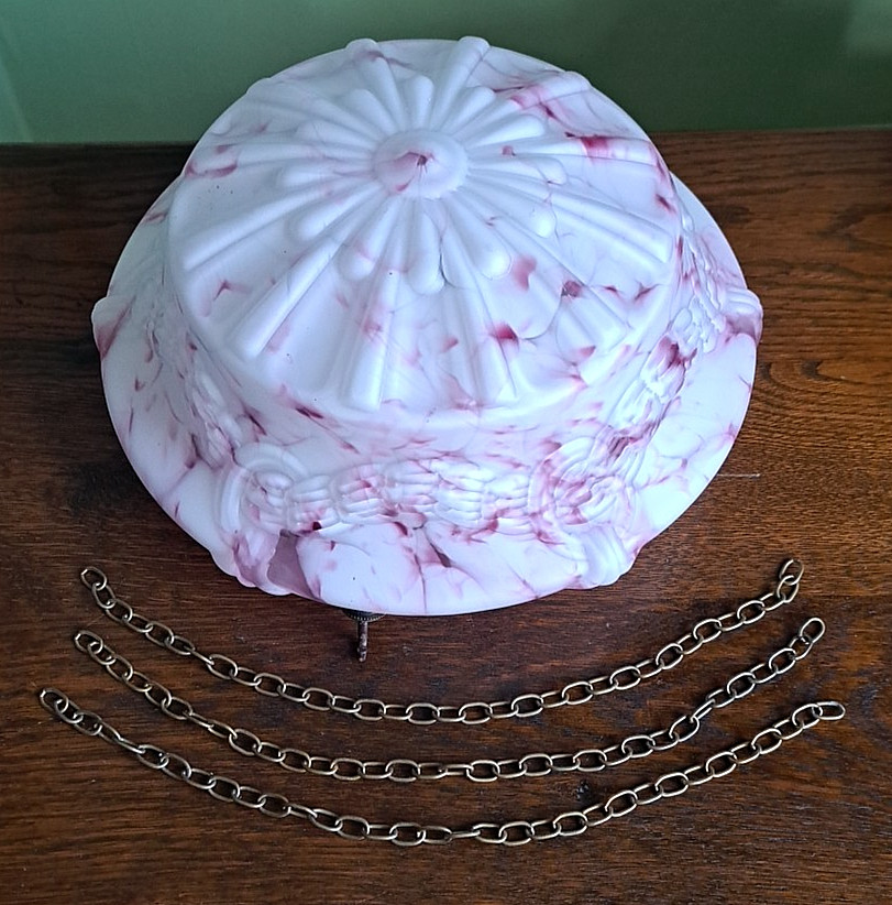 ANTIQUE FLY CATCHER CEILING LIGHT RASPBERRY PINK MARBLED GLASS SHADE & CHAINS