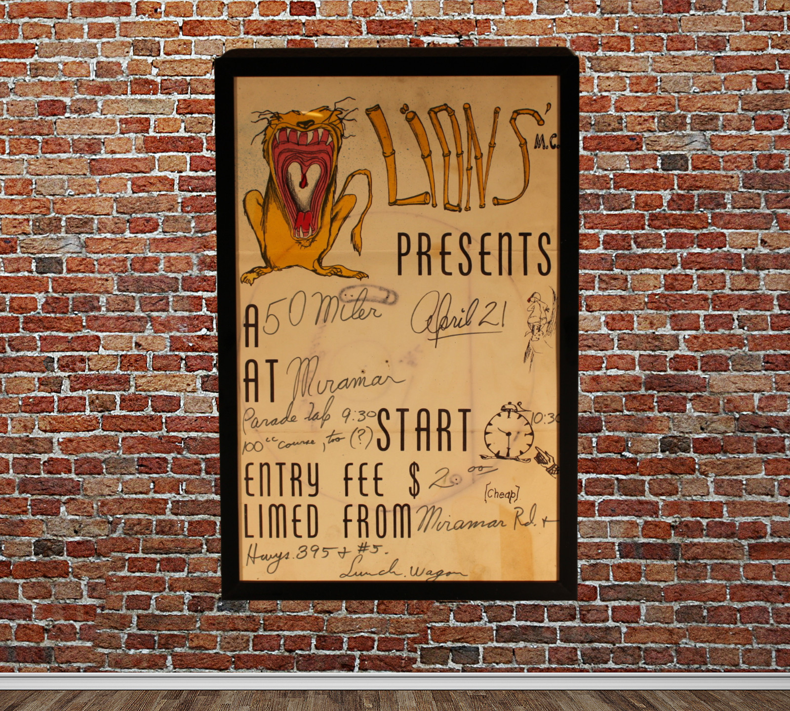 1966 Motorcycle Lions MC TT Racing Framed Poster Rare 1-of-Kind 50-Mile Sign Art