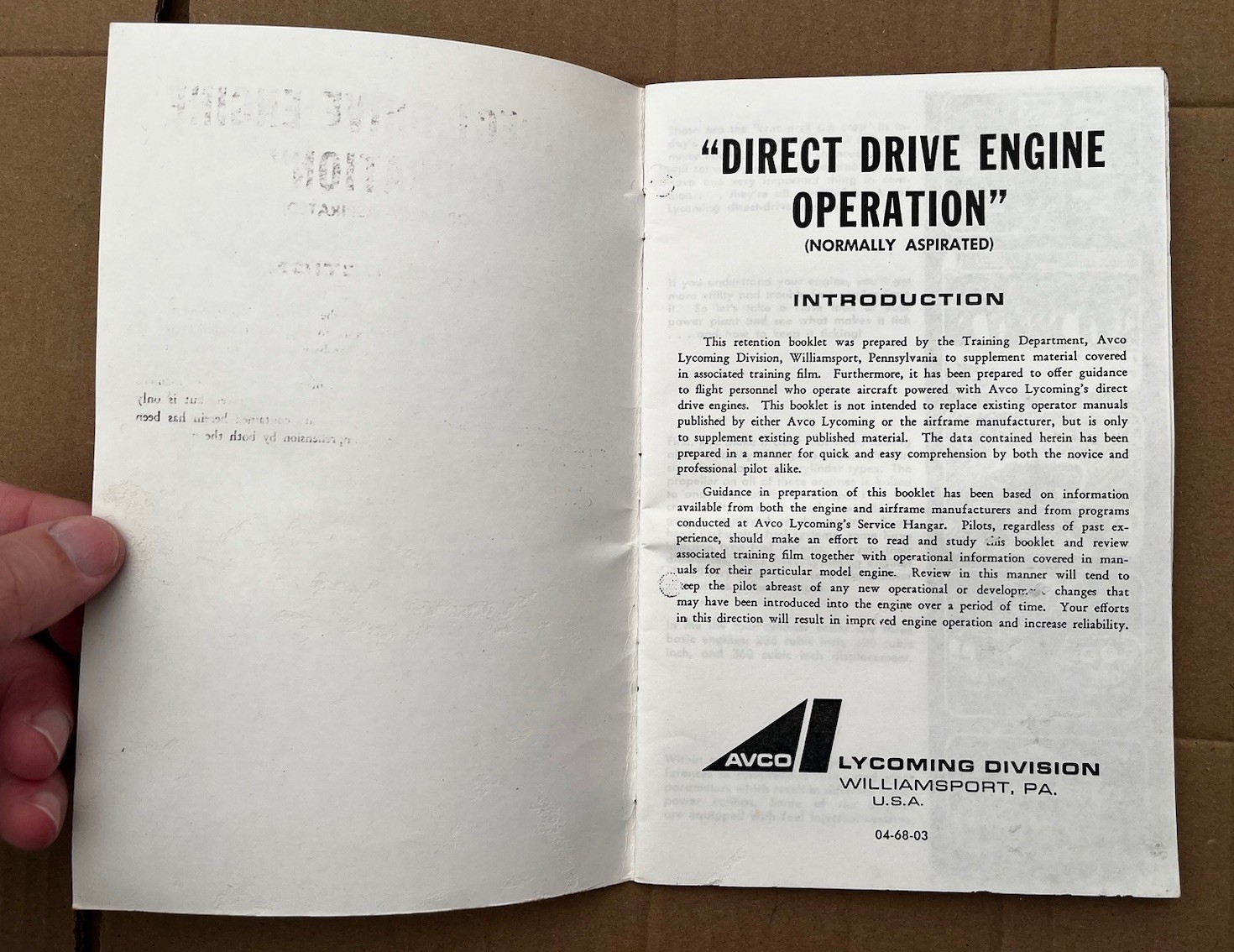 Vintage AVCO LYCOMING "DIRECT DRIVE ENGINE OPERATION" INFORMATION Manual Booklet