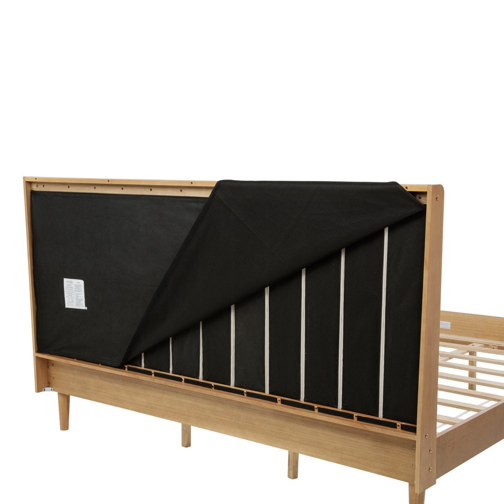 Queen/King Size Solid Wood Platform Bed Frame w/ Upholstered Headboard Wheat