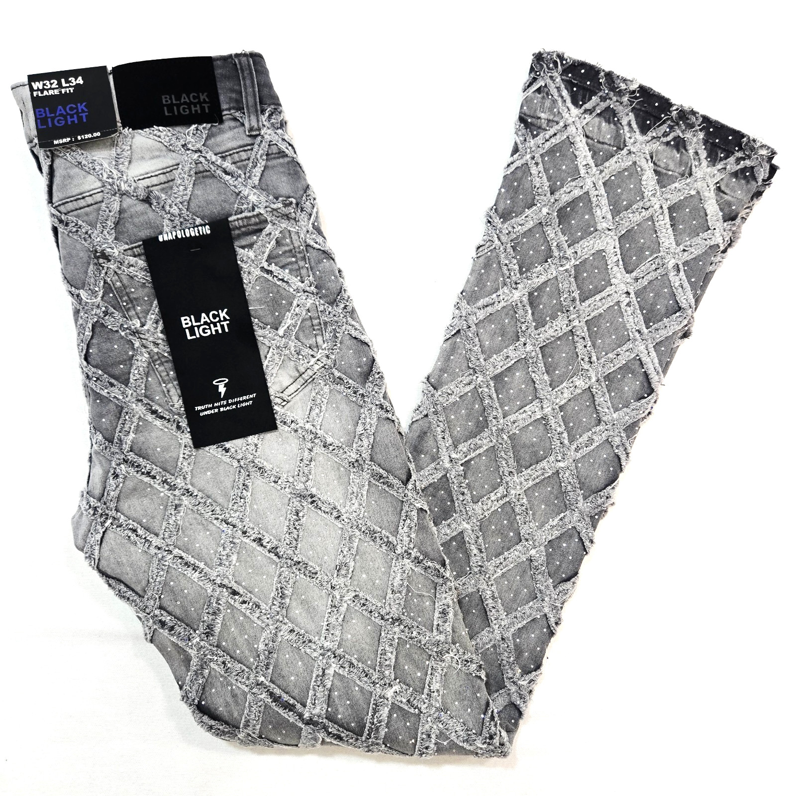 Black Light Men Jeans Stretch Slim Straight Flare Fit Grey Denim with Rhinestone