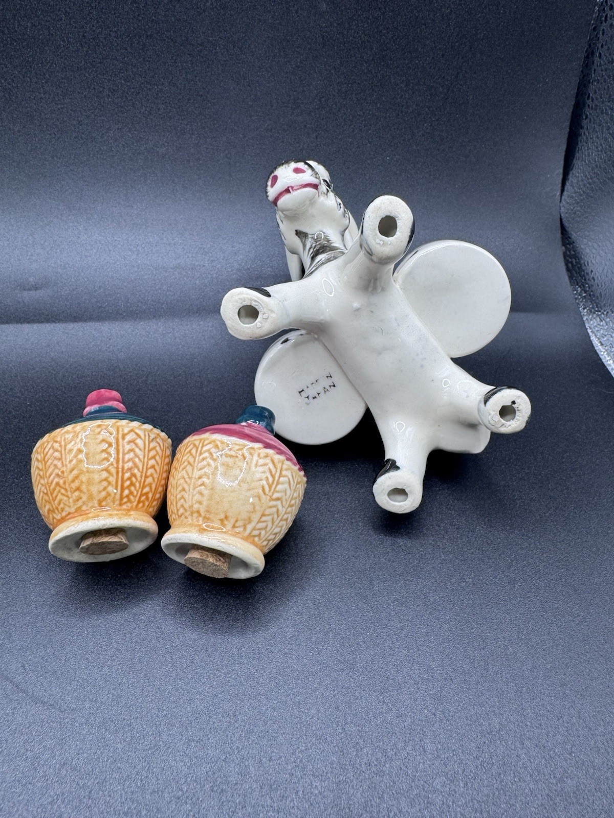 Vintage MCM 1960s Donkey Novelty Ceramic Kitschy Salt Pepper Shakers with Caddy