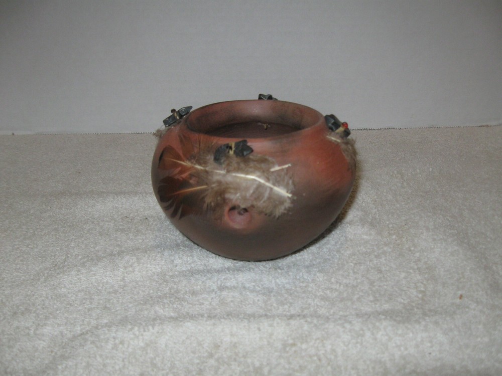 Vintage Handmade Bowl With Feathers