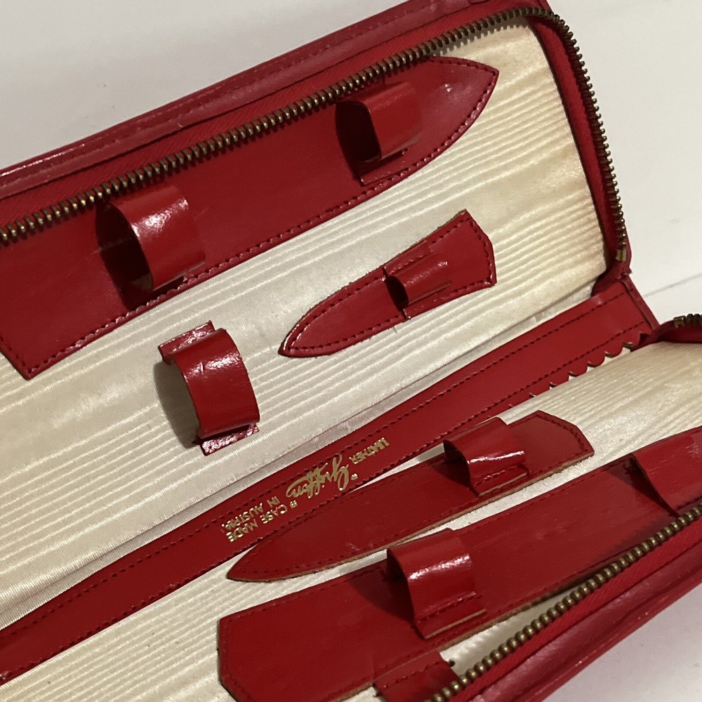 Vintage Pinking Shears, Griffon Scissors, Thimble & Red Leather Sewing Case Set