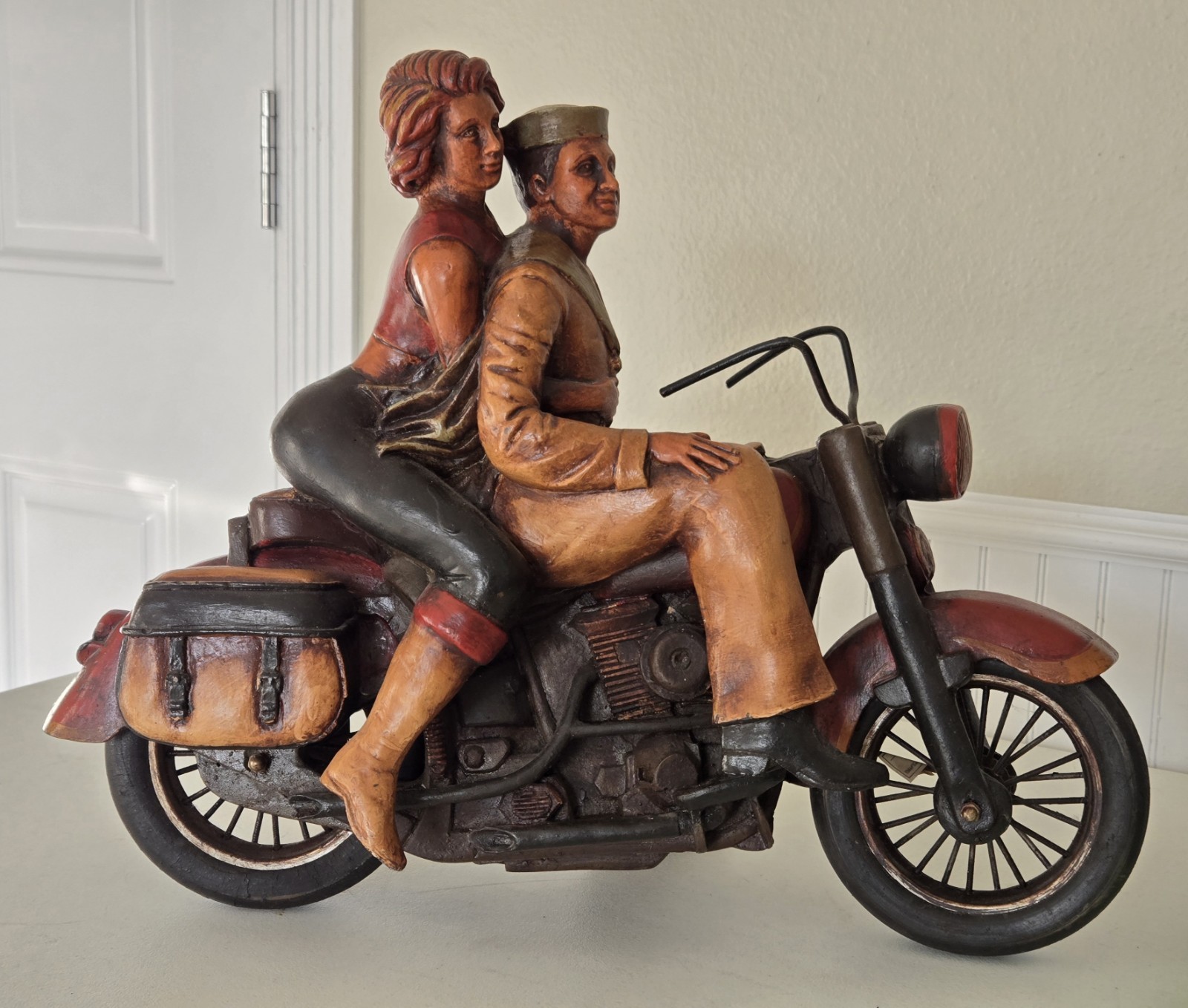 LARGE Wooden Sailor & Date Couple Riding Harley Davidson Motorcycle Sculpture