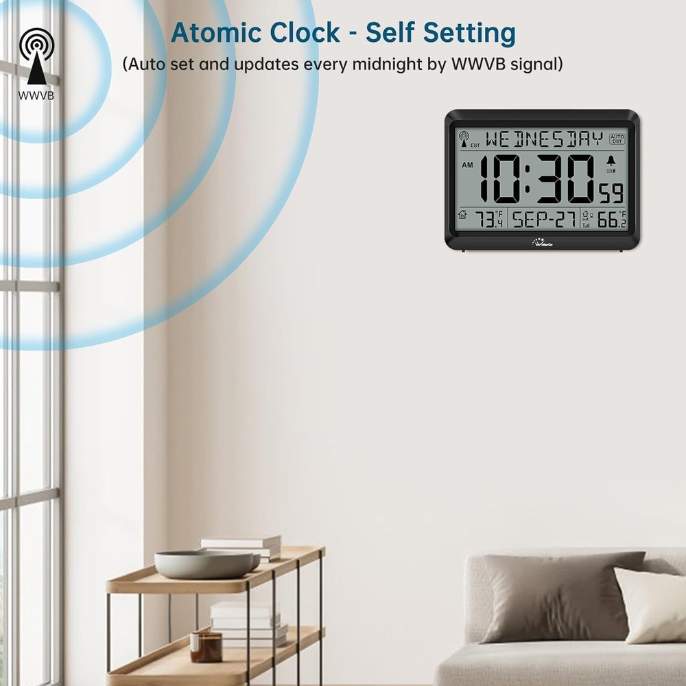 WallarGe Atomic Clock with Indoor Outdoor Temperature, Self-Setting Wall Clock