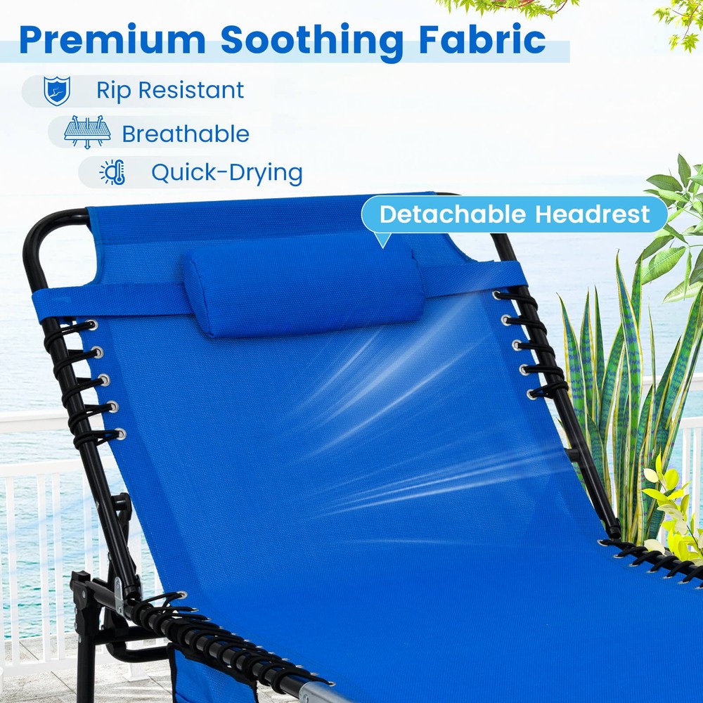 2PCS Oversize Folding Chaise Lounge w/ Adjustable Backrest Pillow Pocket