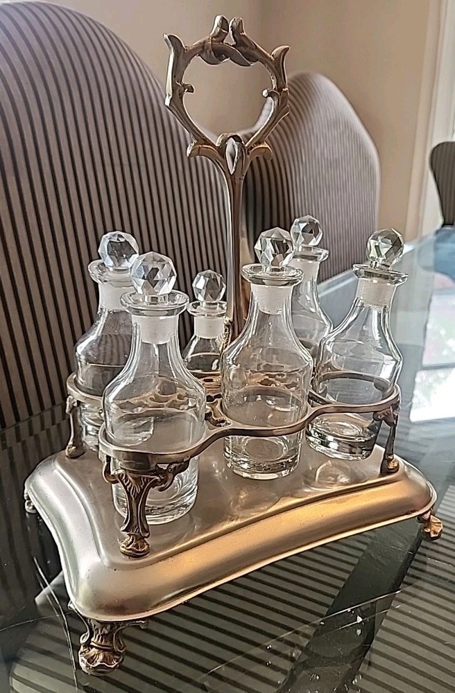 Vintage Decorative Silver Plated Oil & Vinegar Caddy ~ 6 Bottles & Stoppers