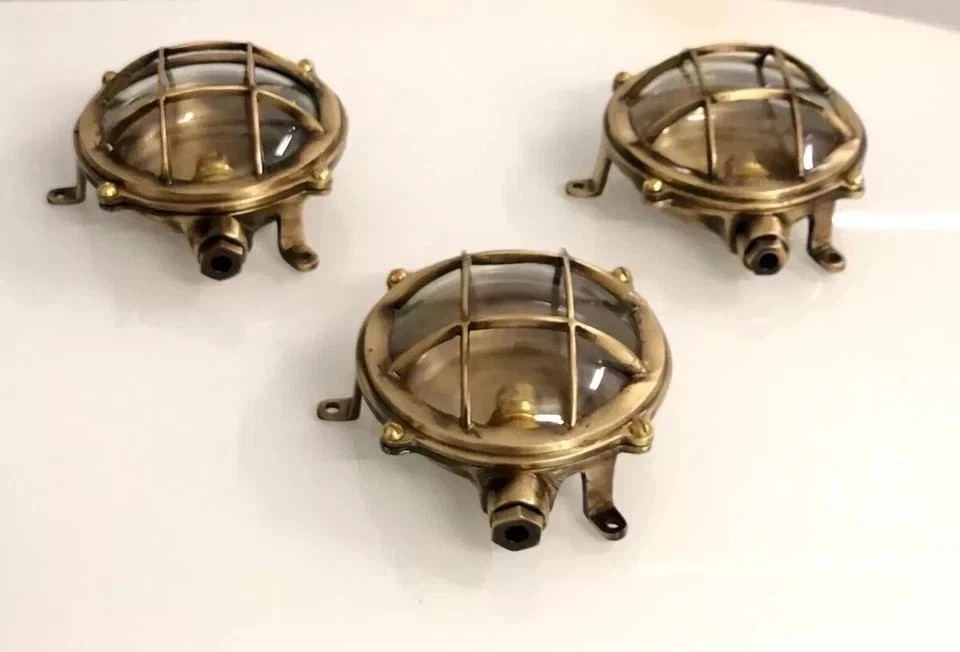 Nautical Marine Solid Brass Small Ship Bulkhead Wall Deck Antique Light 3 Pcs