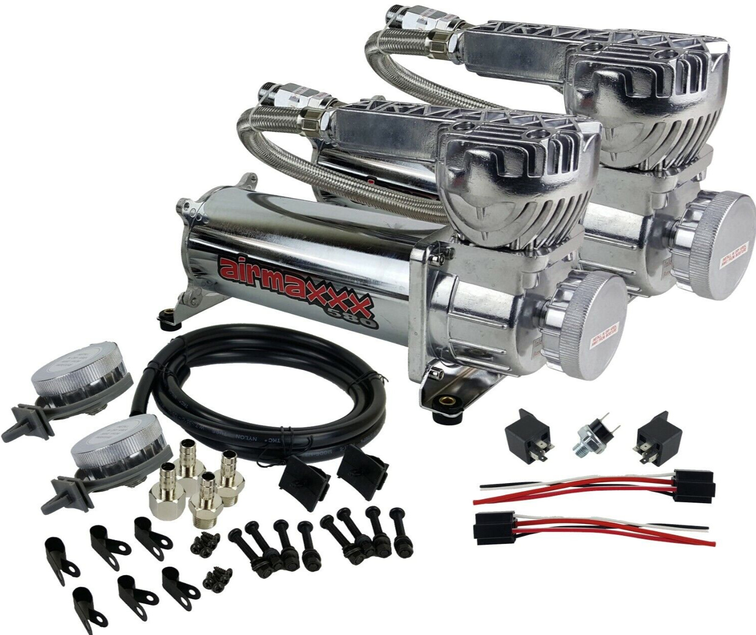 airmaxxx Dual 580 Chrome Compressors with 150/180 Switch & Filter Relocate Kit