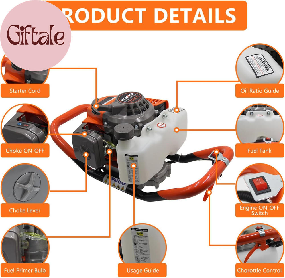 72CC , 2 Stroke Gas Powered Earth Post Hole Digger with 2 Auger Drill Bits(6" &