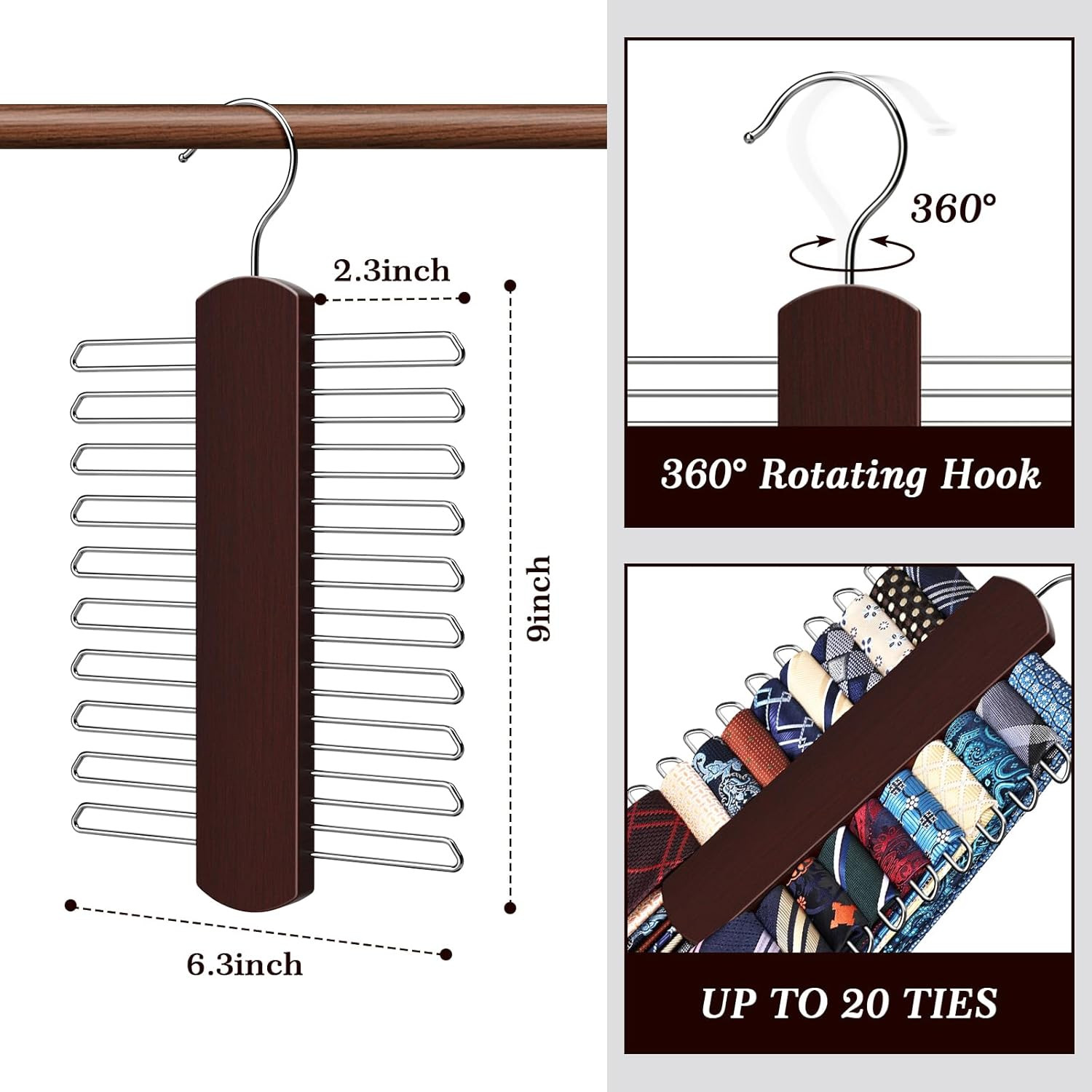 2 Pack Tie Rack for Closet Premium Wooden Necktie Organizer Storage Tie/Belt 40
