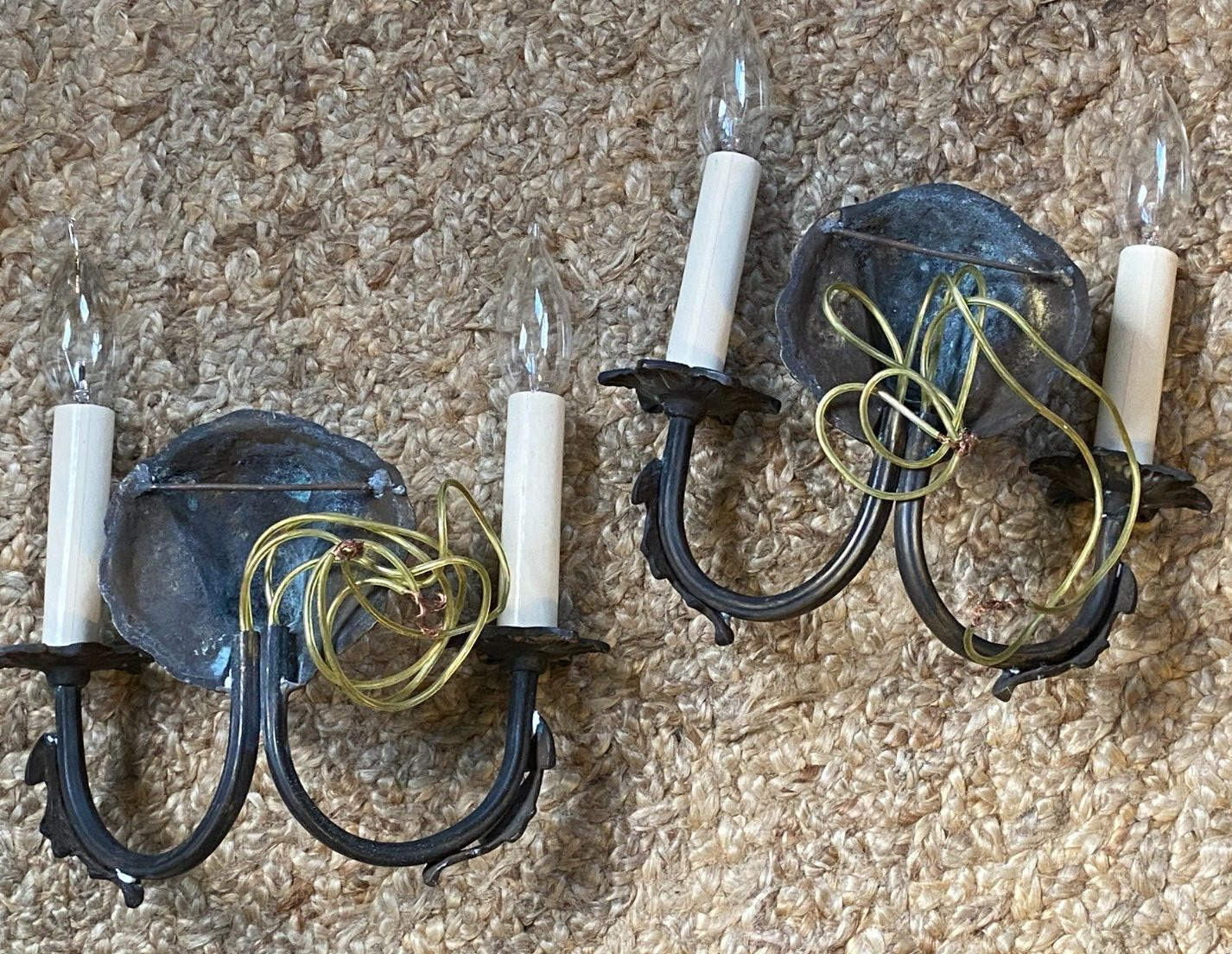 RARE PAIR Antique Two Arm Bronze Dog Wall SCONCE Lights Set of 2