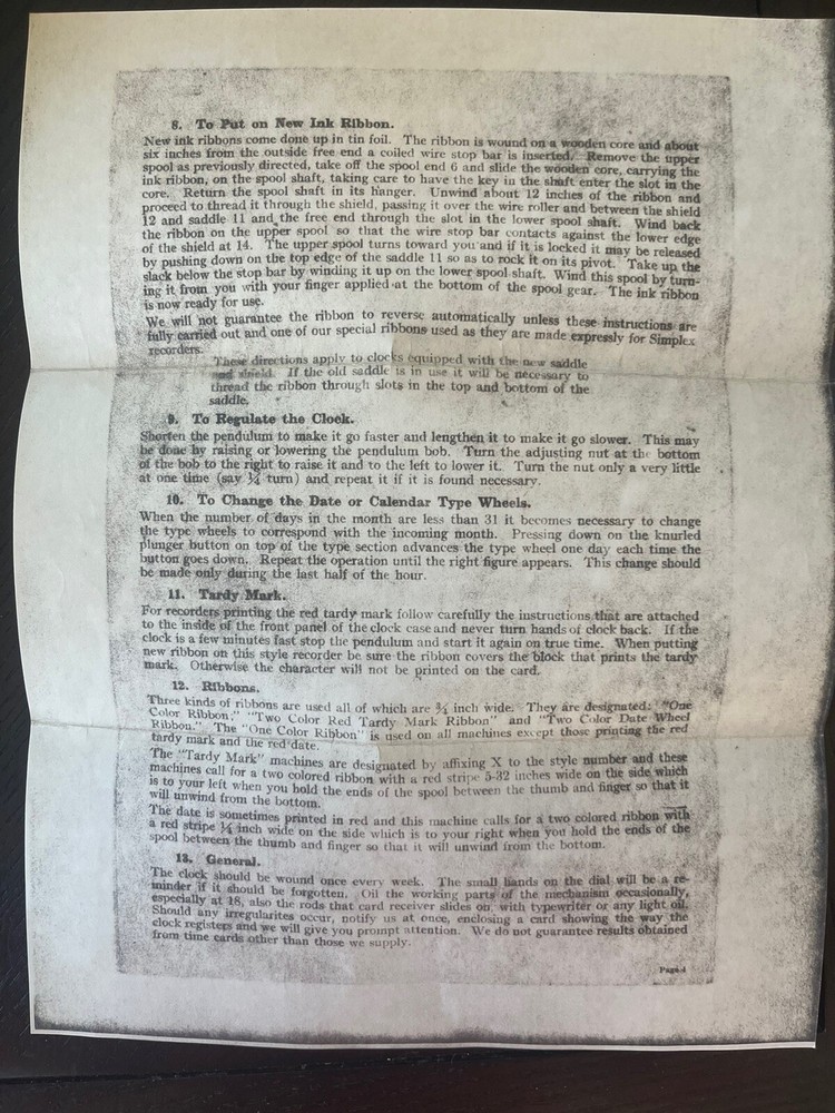 Antique Simplex Pay Roll Time Clock Recorder