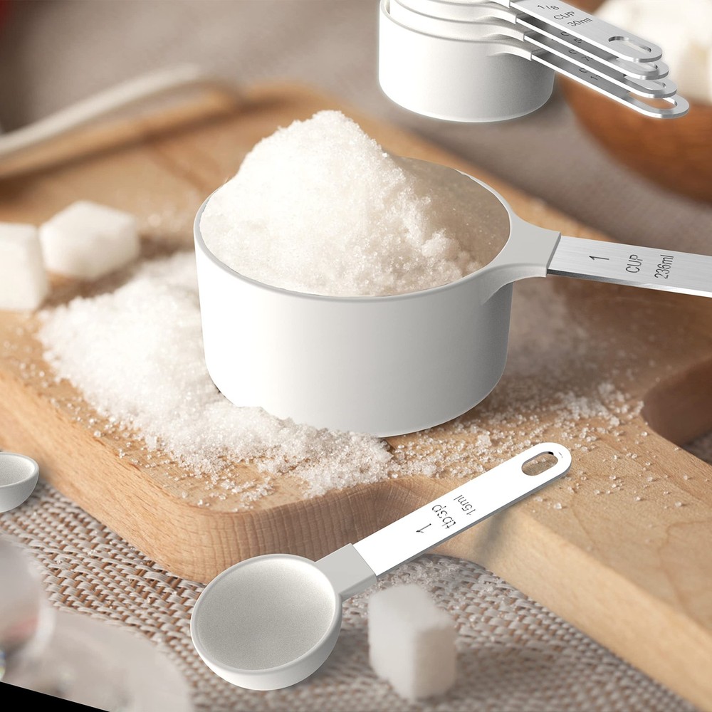 1 PCS White Stackable Measuring Cups Spoons Set Stainless Steel Handle Bake