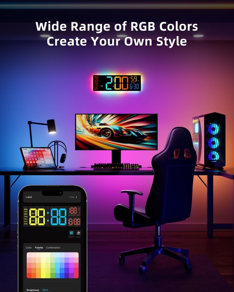Smart Digital Wall Clock with App Control, 16.5” Large RGBIC Wall Clock wi
