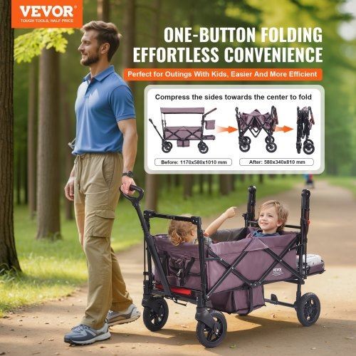 Wagon Stroller for 2 Kids Push Pull Quad Collapsible Stroller Dark Purple