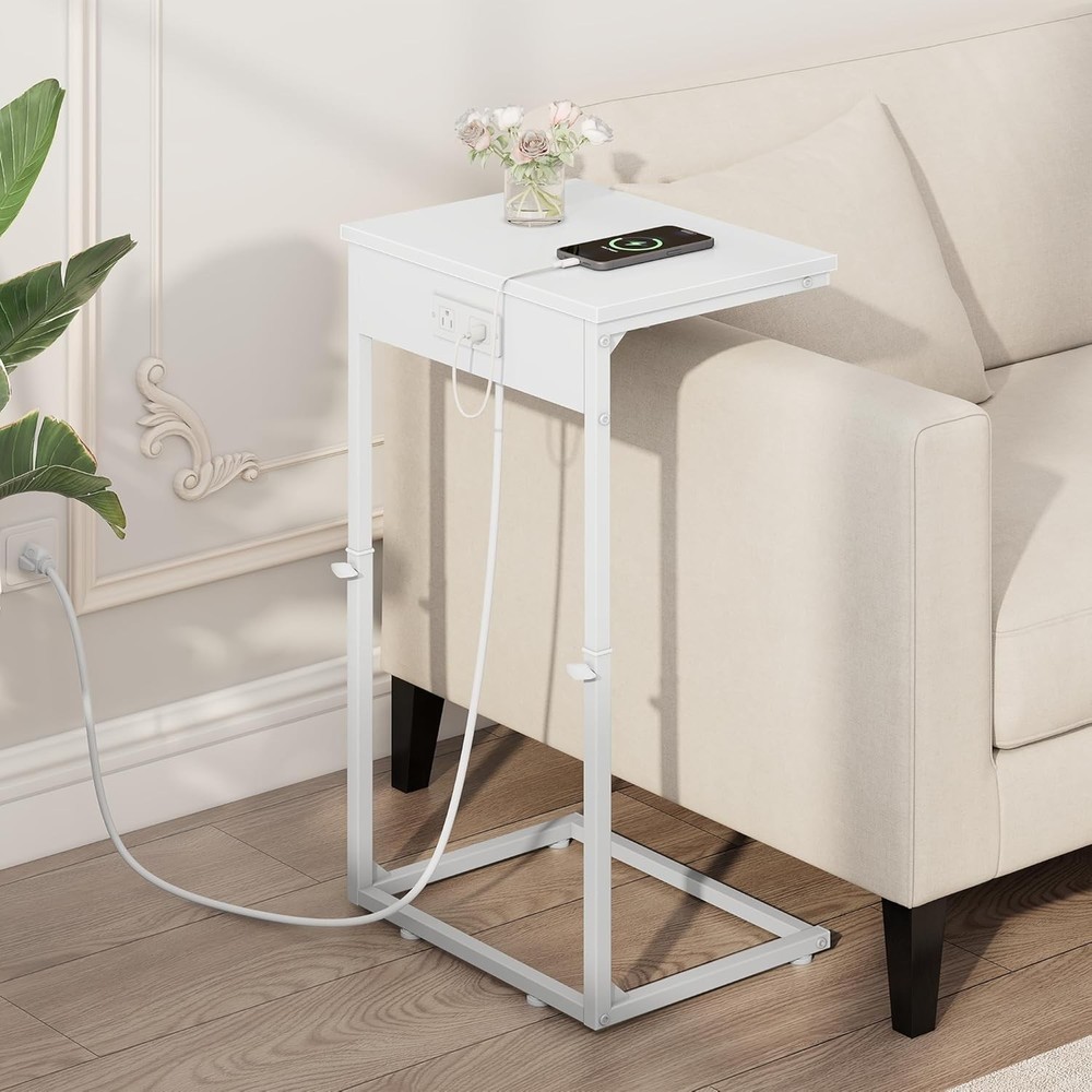 C Shaped End Table W/ Charging Station Adjustable Height Side Table Couch Small