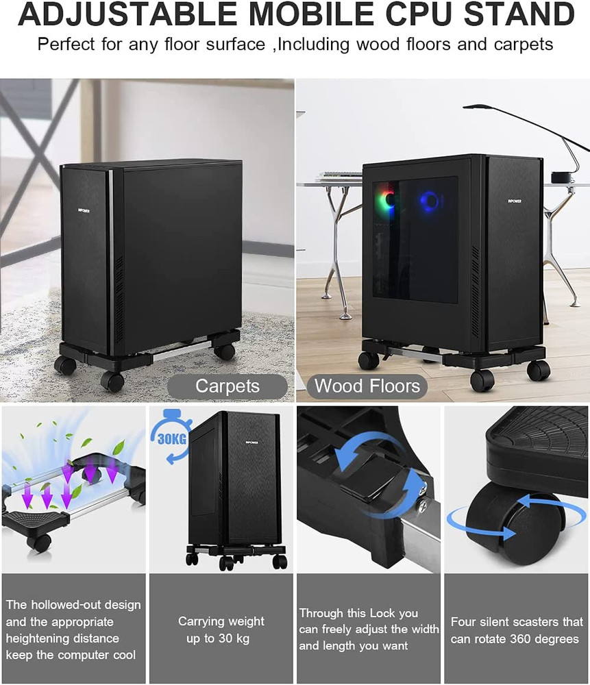 Computer Tower Stand, Adjustable Mobile CPU Stand with Rolling Caster Wheels