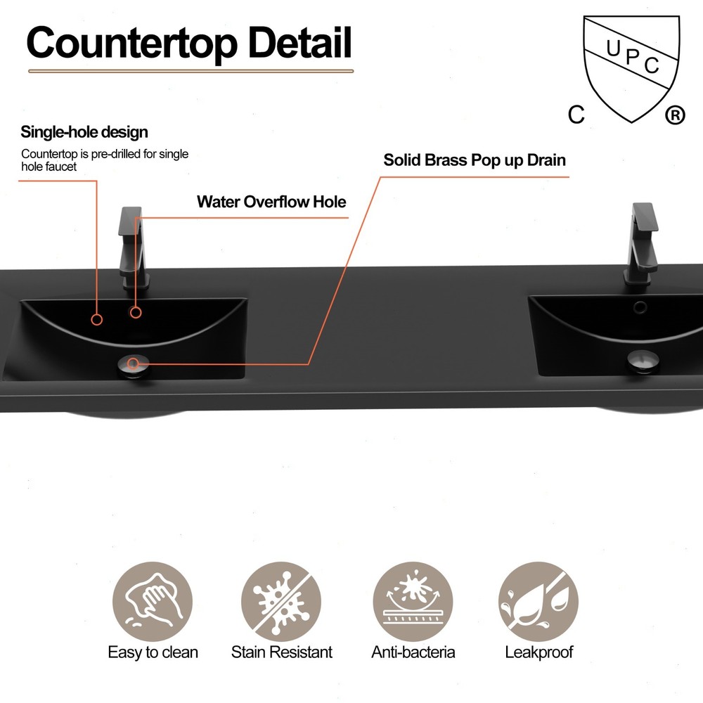 72" Double Sink Vanity Top Undermount Bathroom Sink