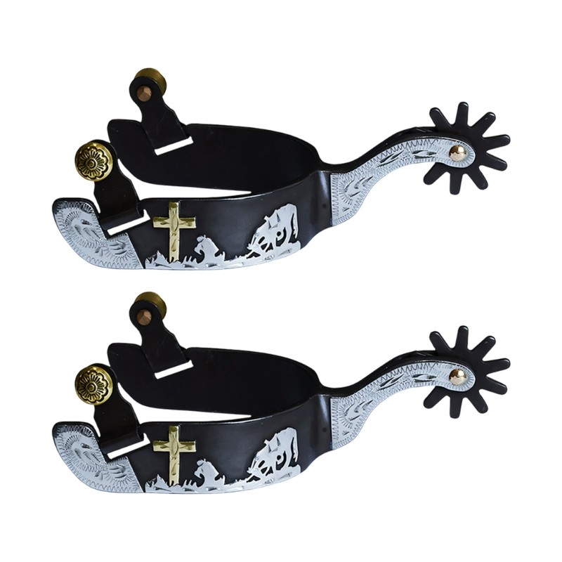 Traditional Cowboy Boot Spur With Fine Engraved Crosses And Scroll Pattern