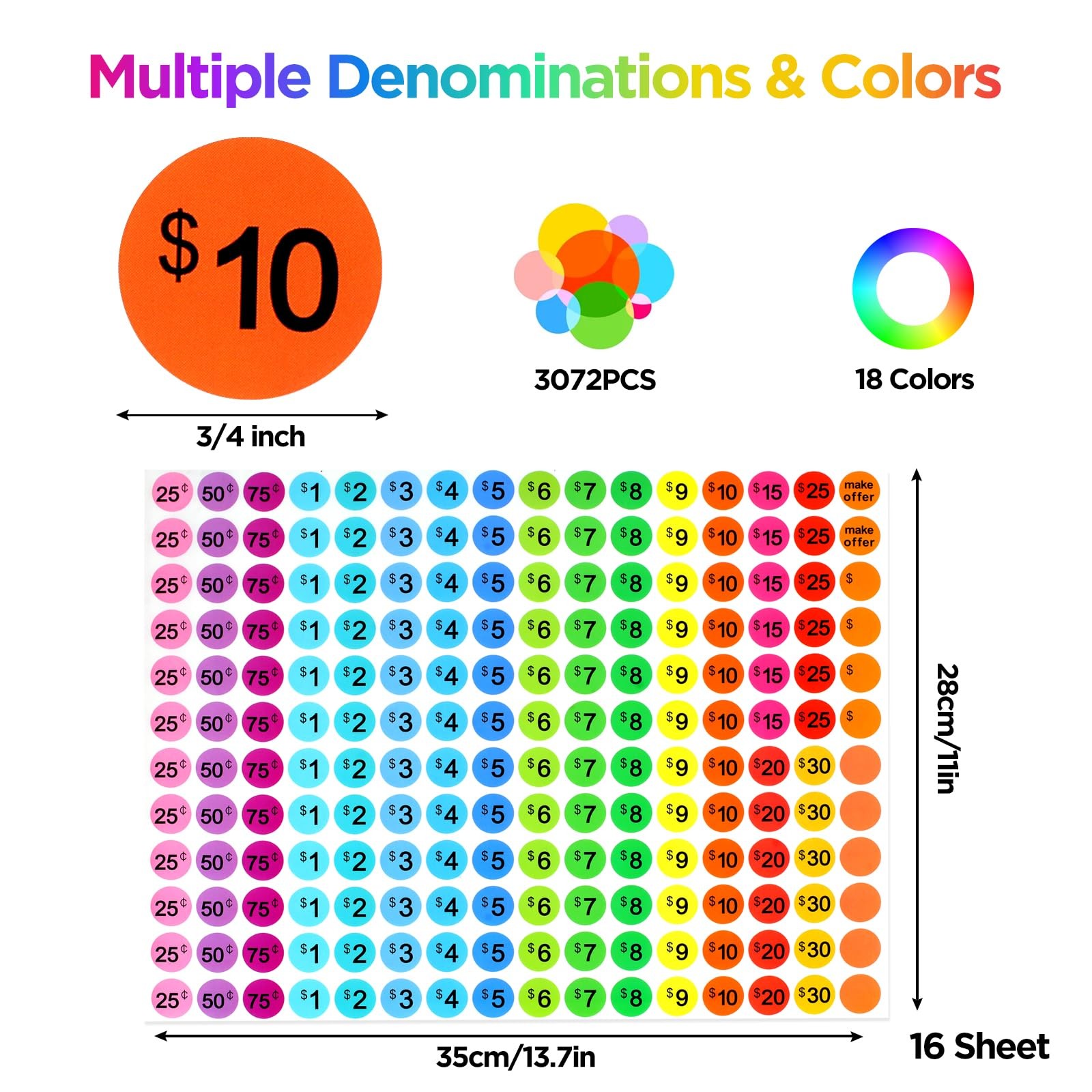 AZUREAL 3072 Piece 16 Sheet Price Stickers, 3/4 inch diameter, Colorful