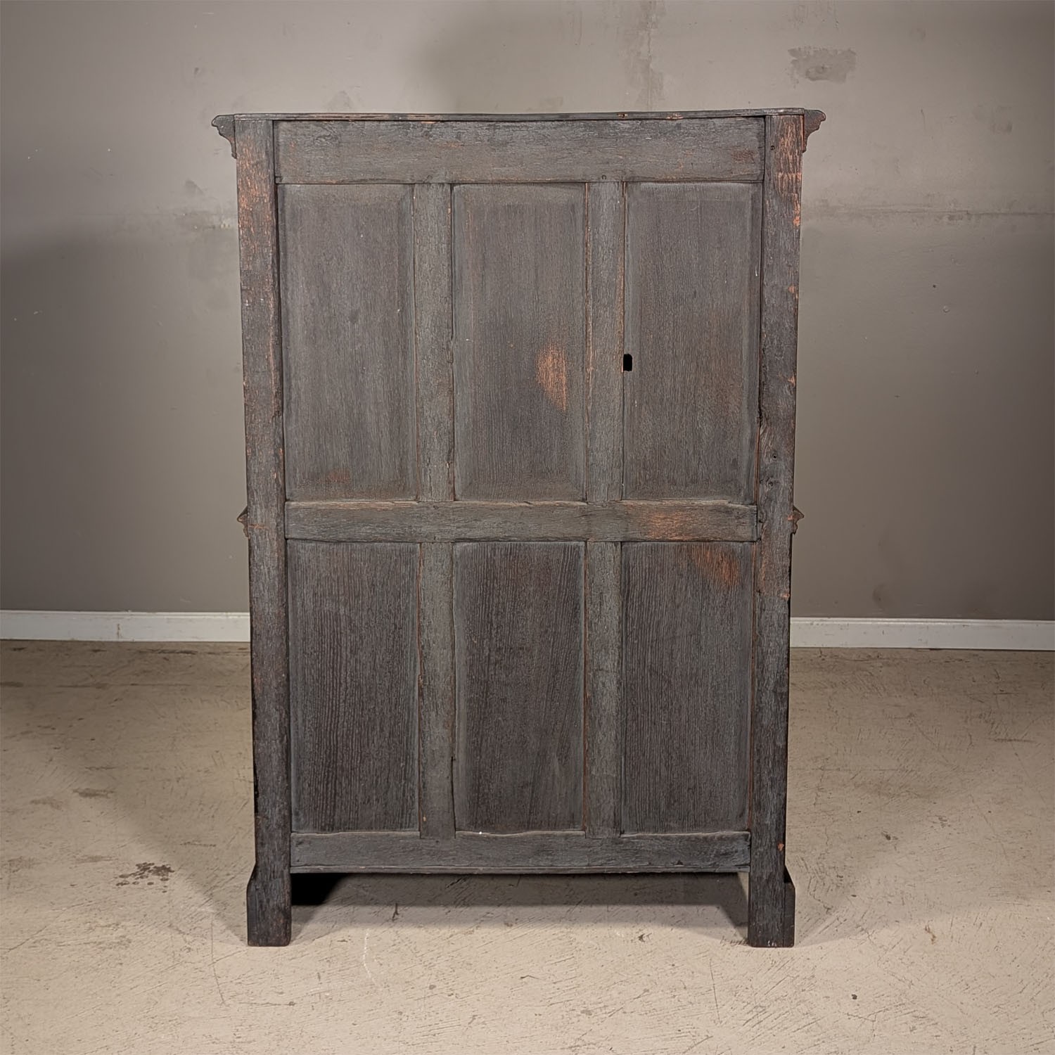 Antique French Gothic Carved Oak Cabinet Stand with Figural Panels Heraldic Door