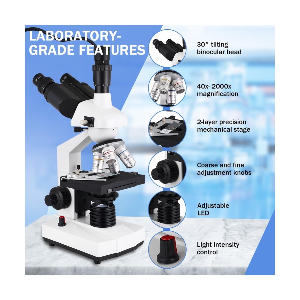 Compound Trinocular Microscope, 40X-5000X Magnification, Research Grade Profe...