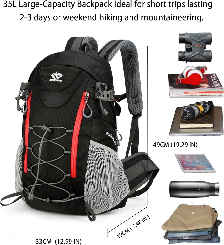 Newsty 35L Water Resistant Hiking, Camping Backpack, Black