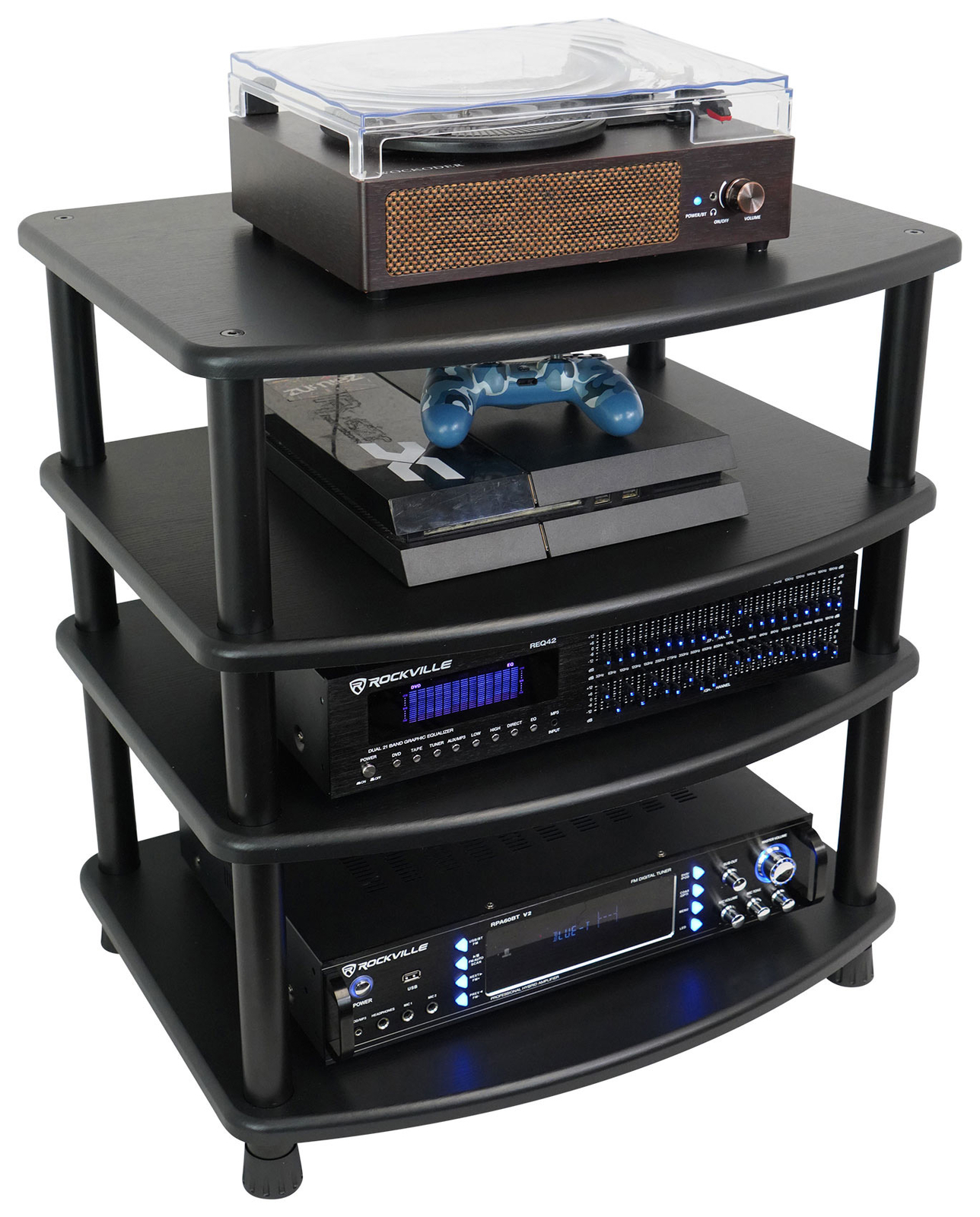 Rockville FLX BLACK Adjustable Height 4 Shelf Home Theater A/V Audio Rack Stand