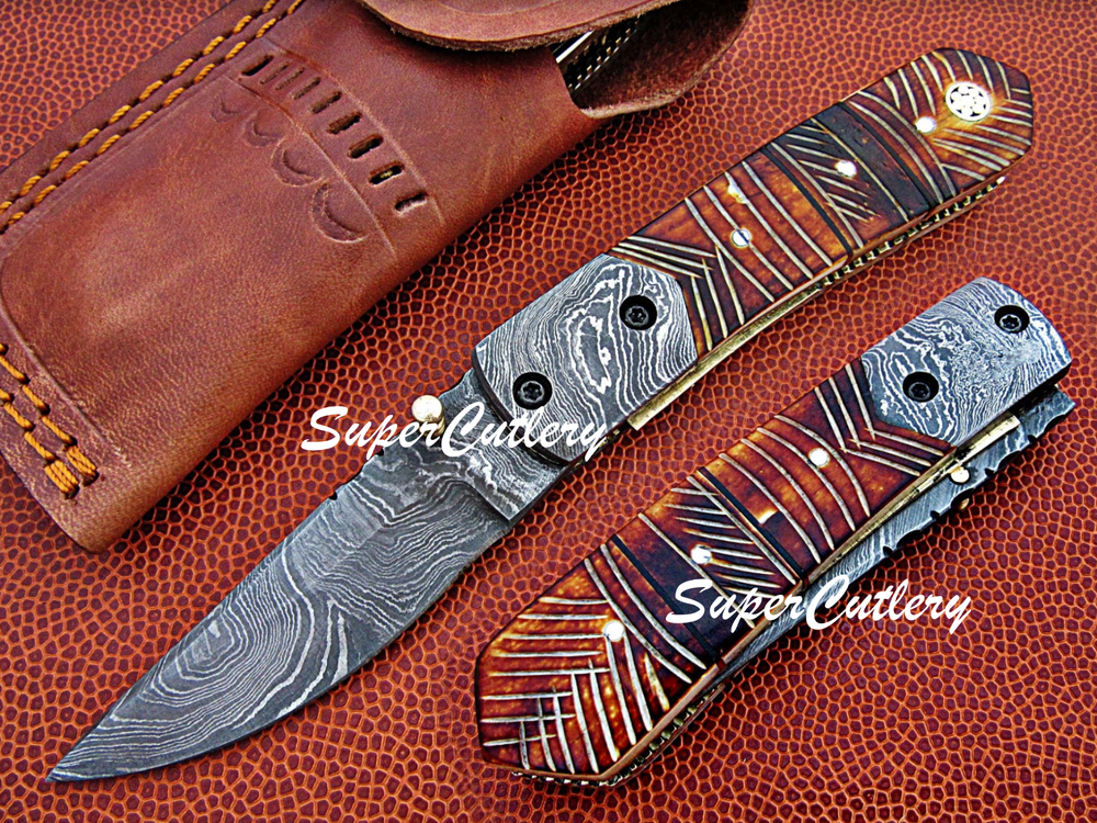 HAND CRAFTED DAMASCUS FOLDING KNIFE- ENGRAVED HAND FLAMED BONE HANDLE