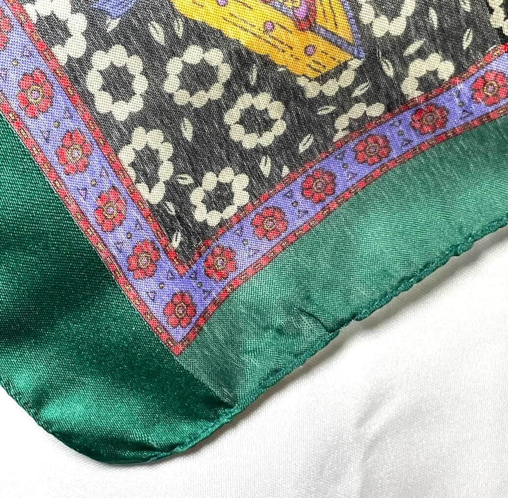 VTG Italy Square Scarf Asian Motif Couple in Boat Lotus Flowers Green 31x31"