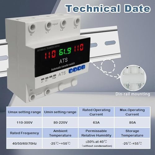 2P Automatic Transfer Switch 63A 110V LCD Display, ATS for Utility Generator Sol