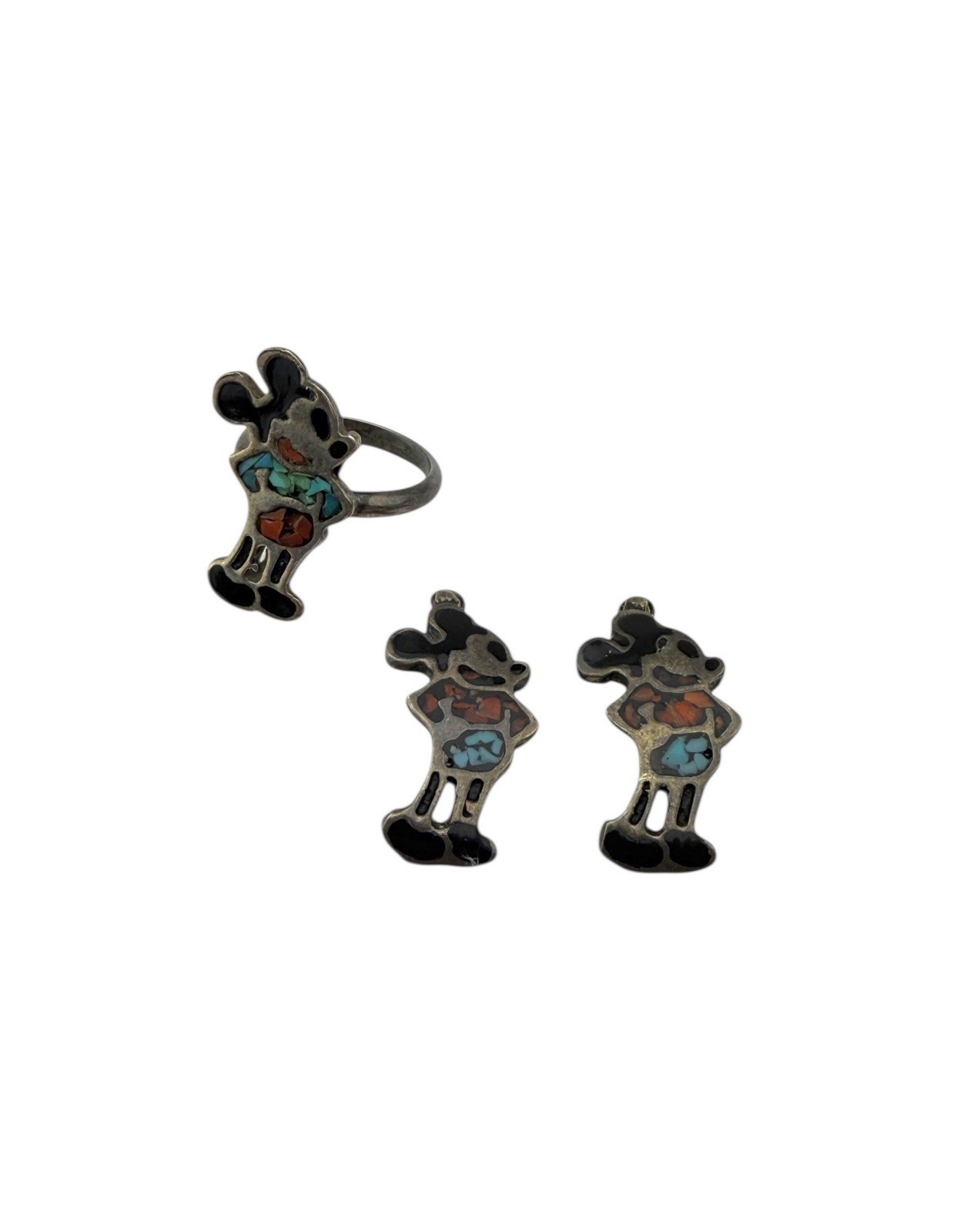 Vintage Mickey Mouse Sterling Silver Onyx/Coral Turquoise Ring & 2 Pendants