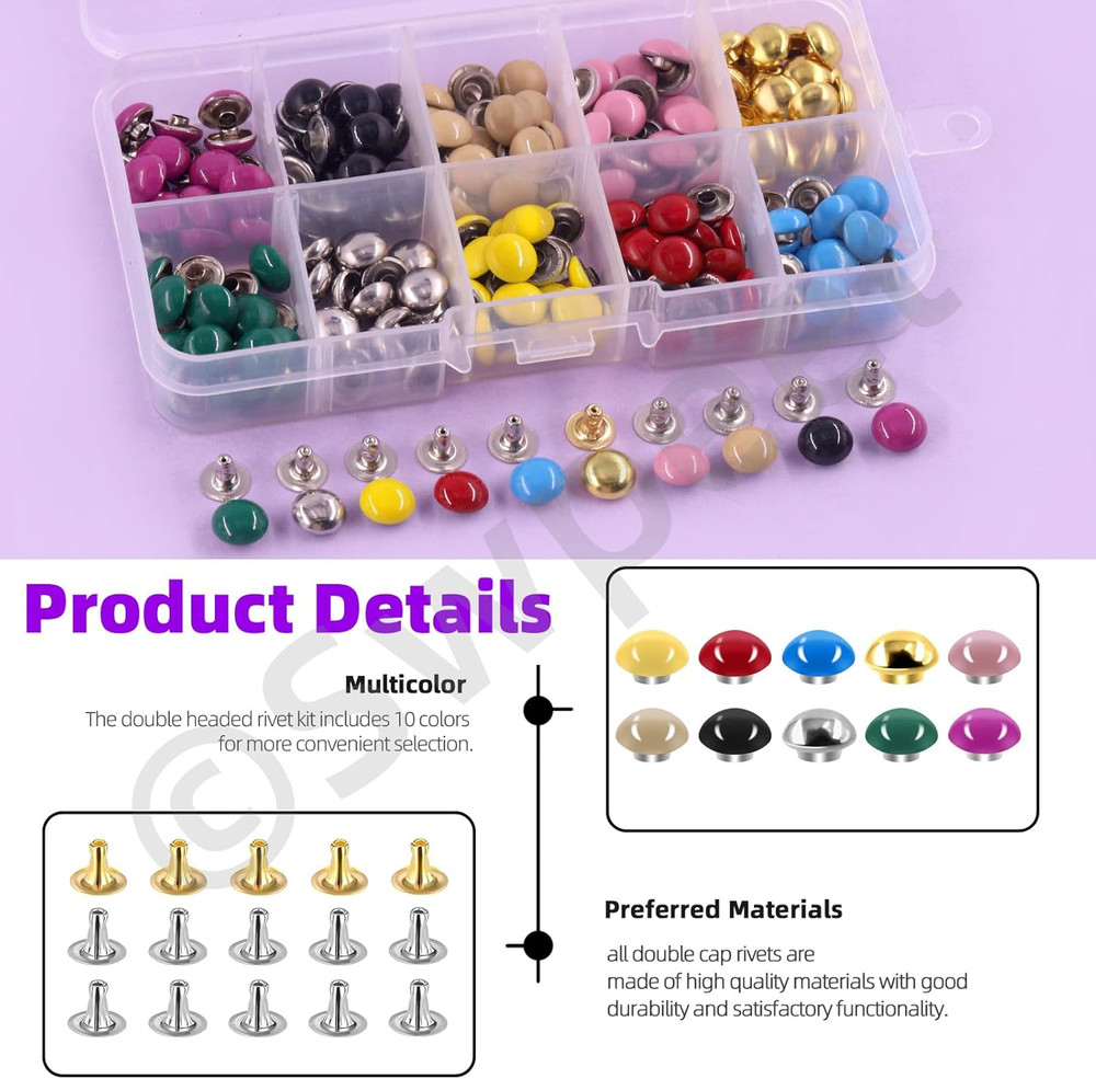 405Pcs 10 Colors 9Mm Double round Cap Leather Rivets with Fixing Tools, Double C