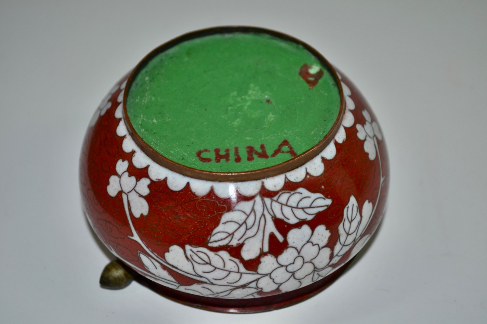 Vintage Chinese Export Red/White/Green Cloisonné Incense Burner Tray Flip Top