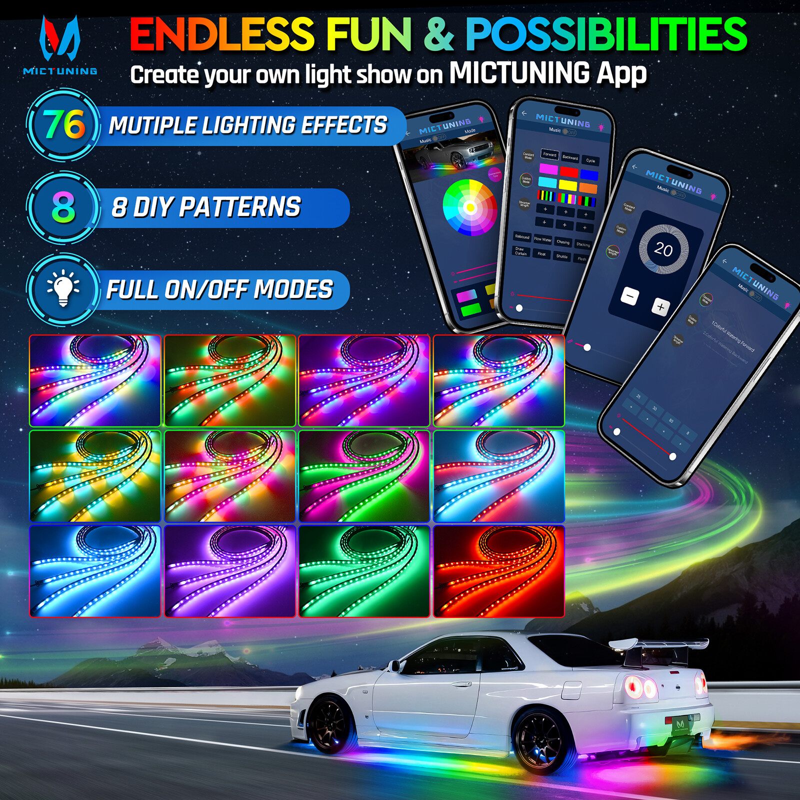 Wireless N3 Car Underglow Light Strips Dream Color Underglow Chasing Neon Lights