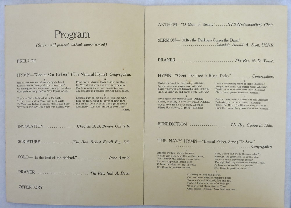 WW2 US NAVY 1944 EASTER SERVICE PROGRAM NAVAL TRAINING SCHOOL HOLLYWOOD FLORIDA