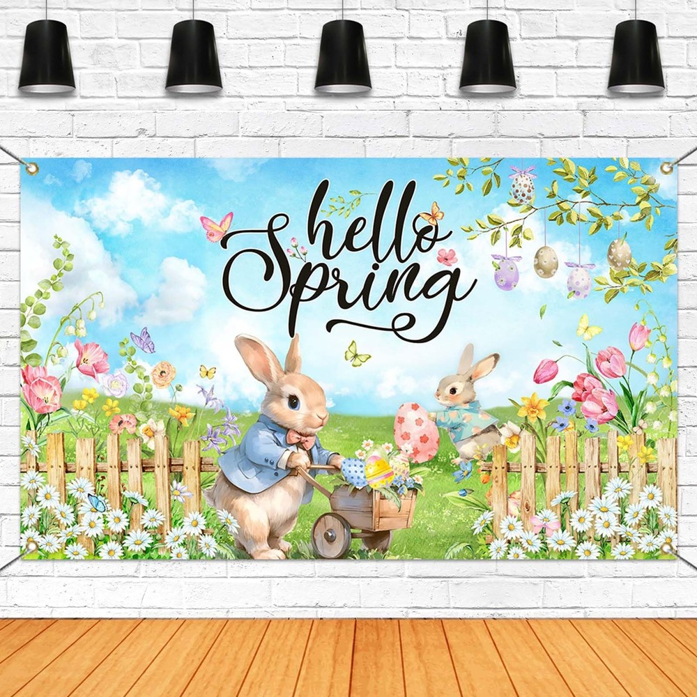 Hello Spring Backdrop Easter Party Banner Greenery Spring Festival Easter Pho...