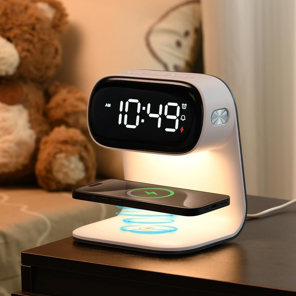Alarm Clock with Wireless Charging,Dimmable Night Light,Snooze Function,10W Fast