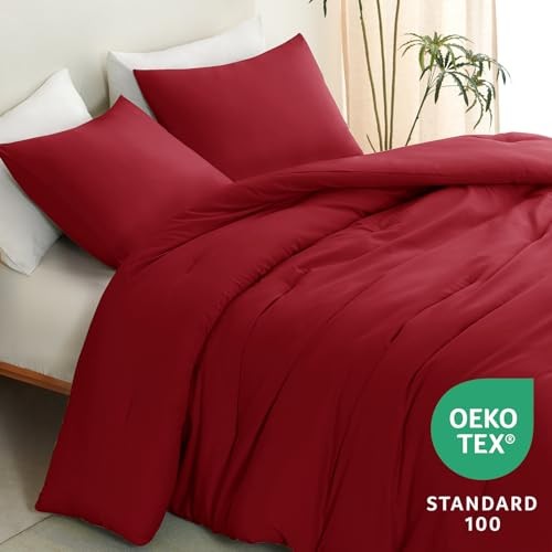 Comforter Set 3 Pieces Solid Comforters Size Breathable Quilted Queen Dark Red