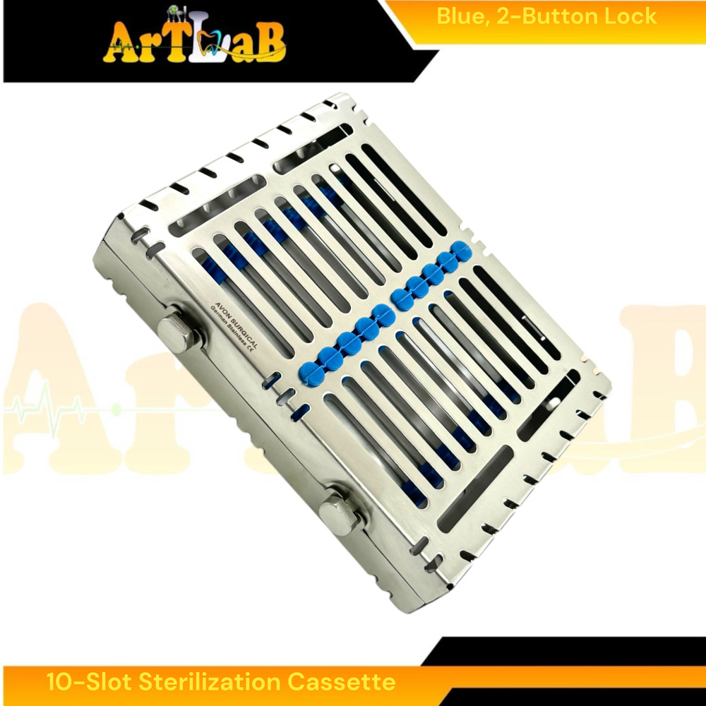 Double-Button Sterilization Cassette for 10 Instruments, Dental, Veterinary Blue