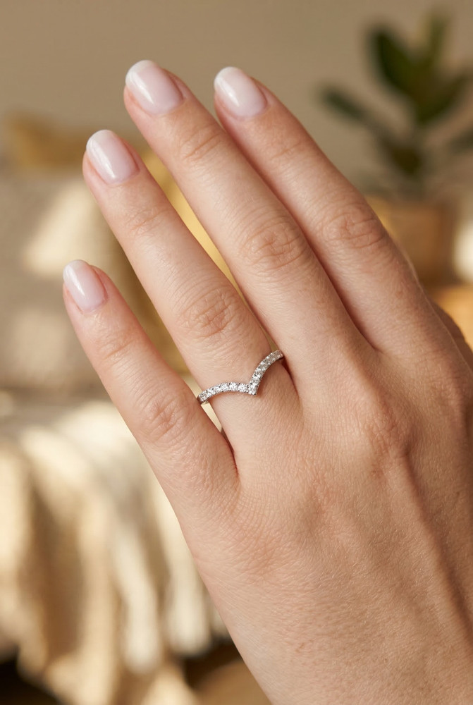 V Shaped Ring | Solid Silver Chevron Ring | | Thin Pave Wishbone Stacking Band