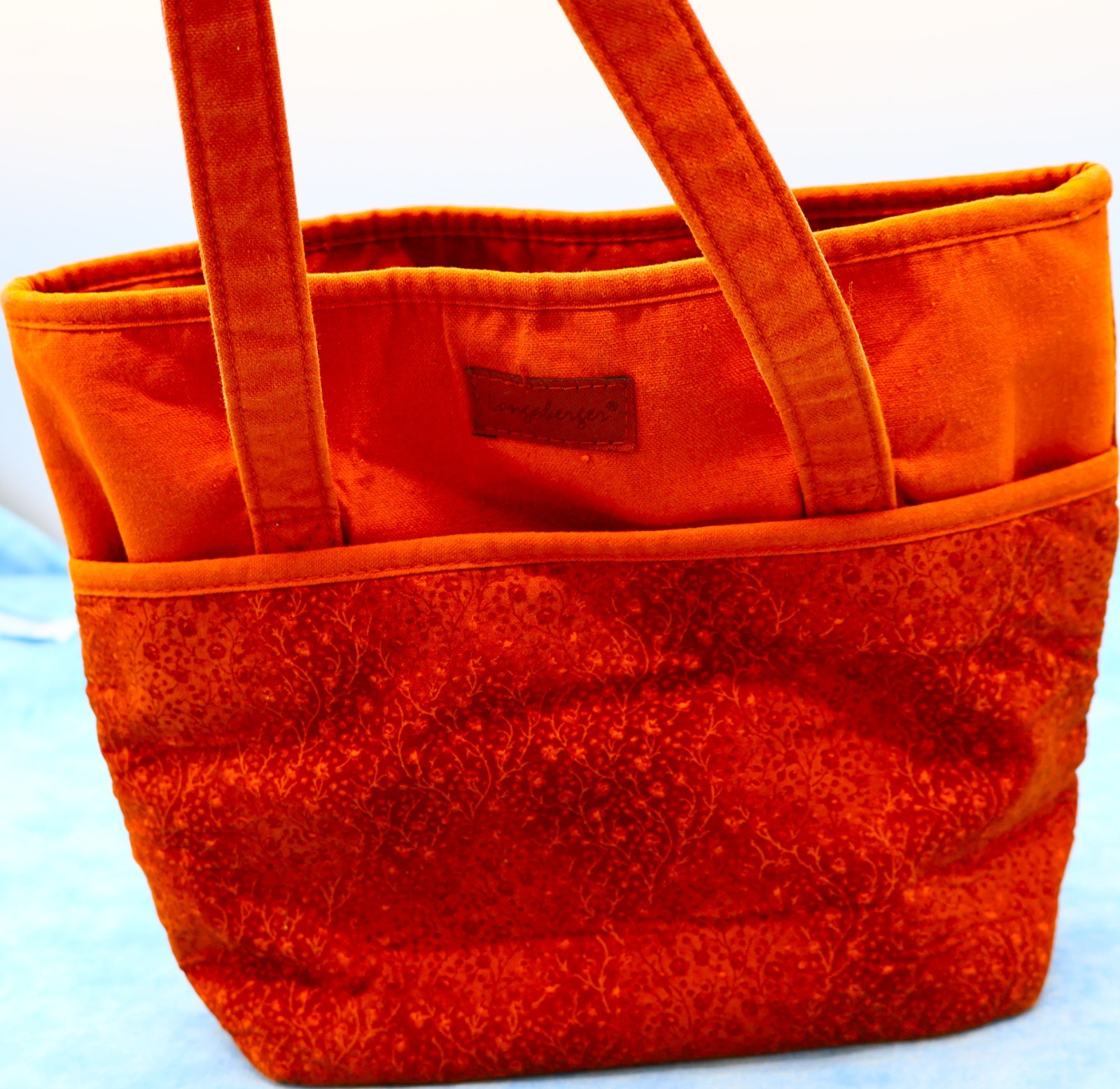 Longaberger Fabric Tote Bag Orange Floral Quilted Market Purse